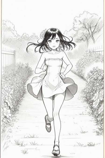 43141-2191530831-sketch, monochrome, traditional media, pencil drawing, 1girl, strapless dress, running in the garden, floral background,.png